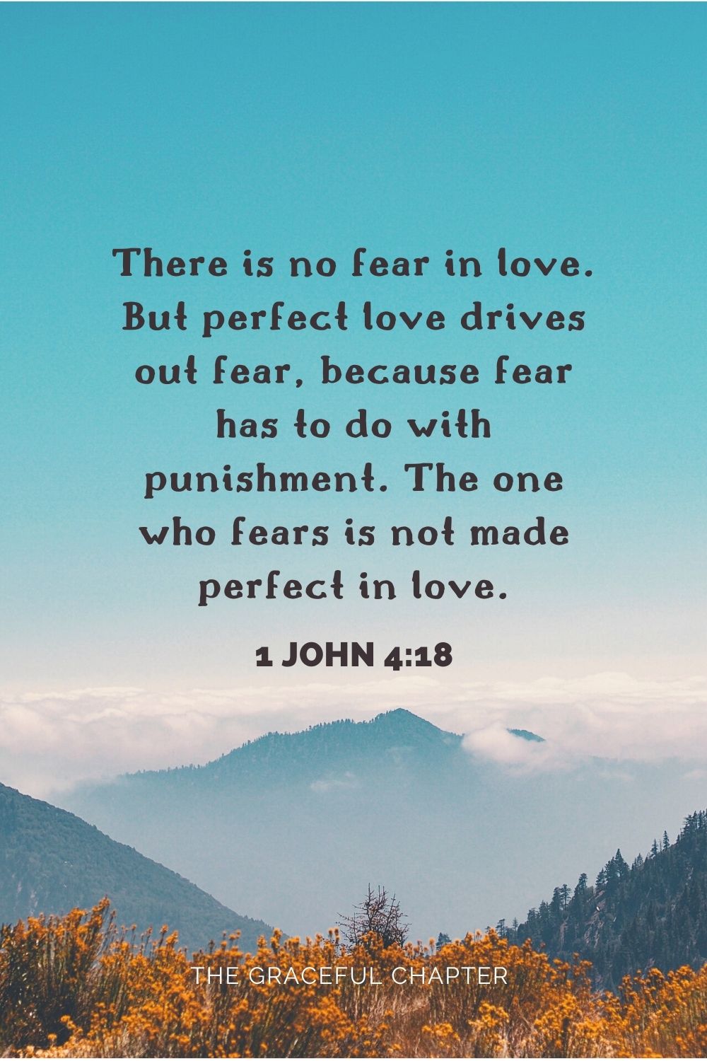 There is no fear in love. But perfect love drives out fear, because fear has to do with punishment. The one who fears is not made perfect in love. 1 John 4:18