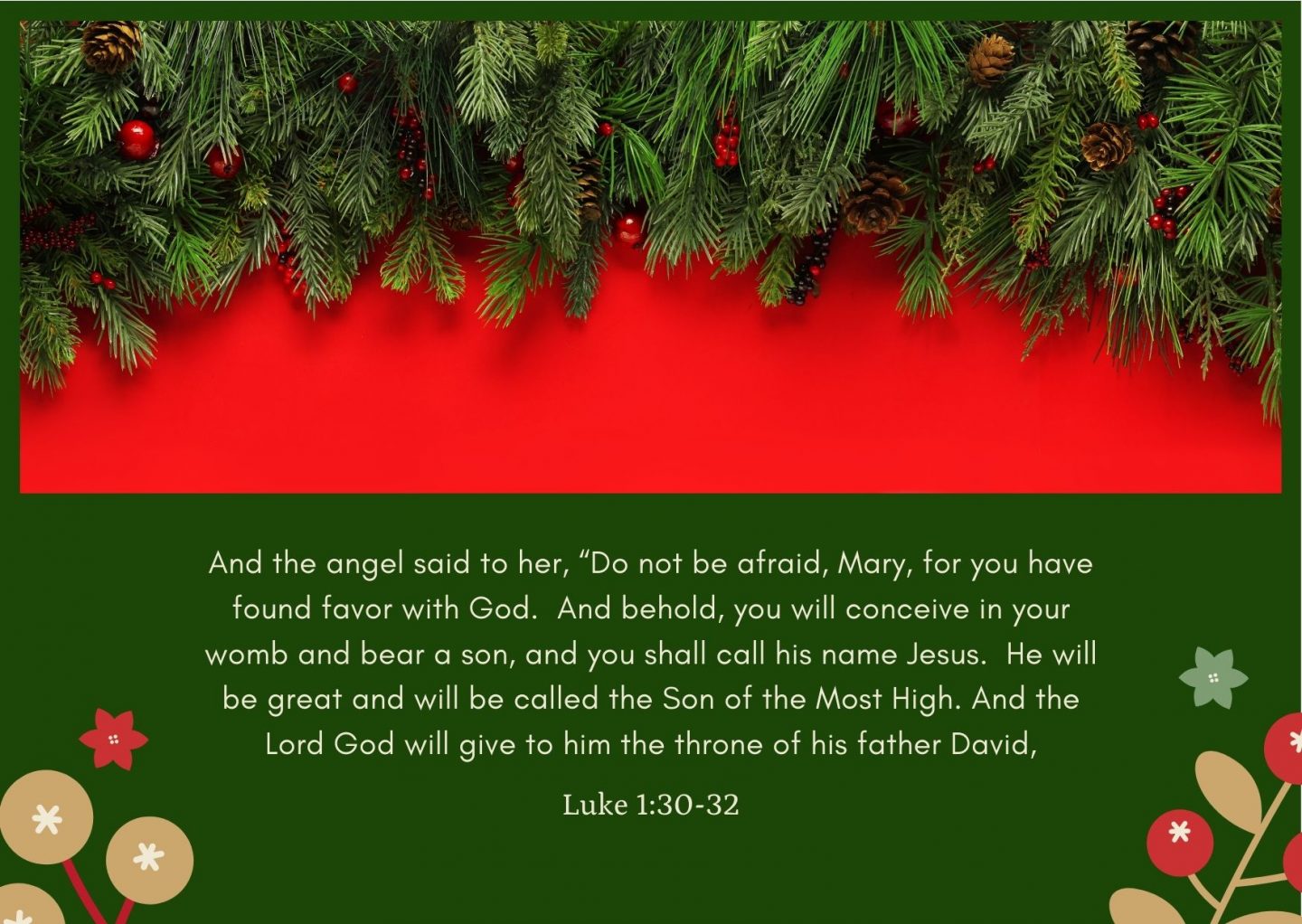 And the angel said to her, “Do not be afraid, Mary, for you have found favor with God.  And behold, you will conceive in your womb and bear a son, and you shall call his name Jesus.  He will be great and will be called the Son of the Most High. And the Lord God will give to him the throne of his father David, Luke 1:30-32