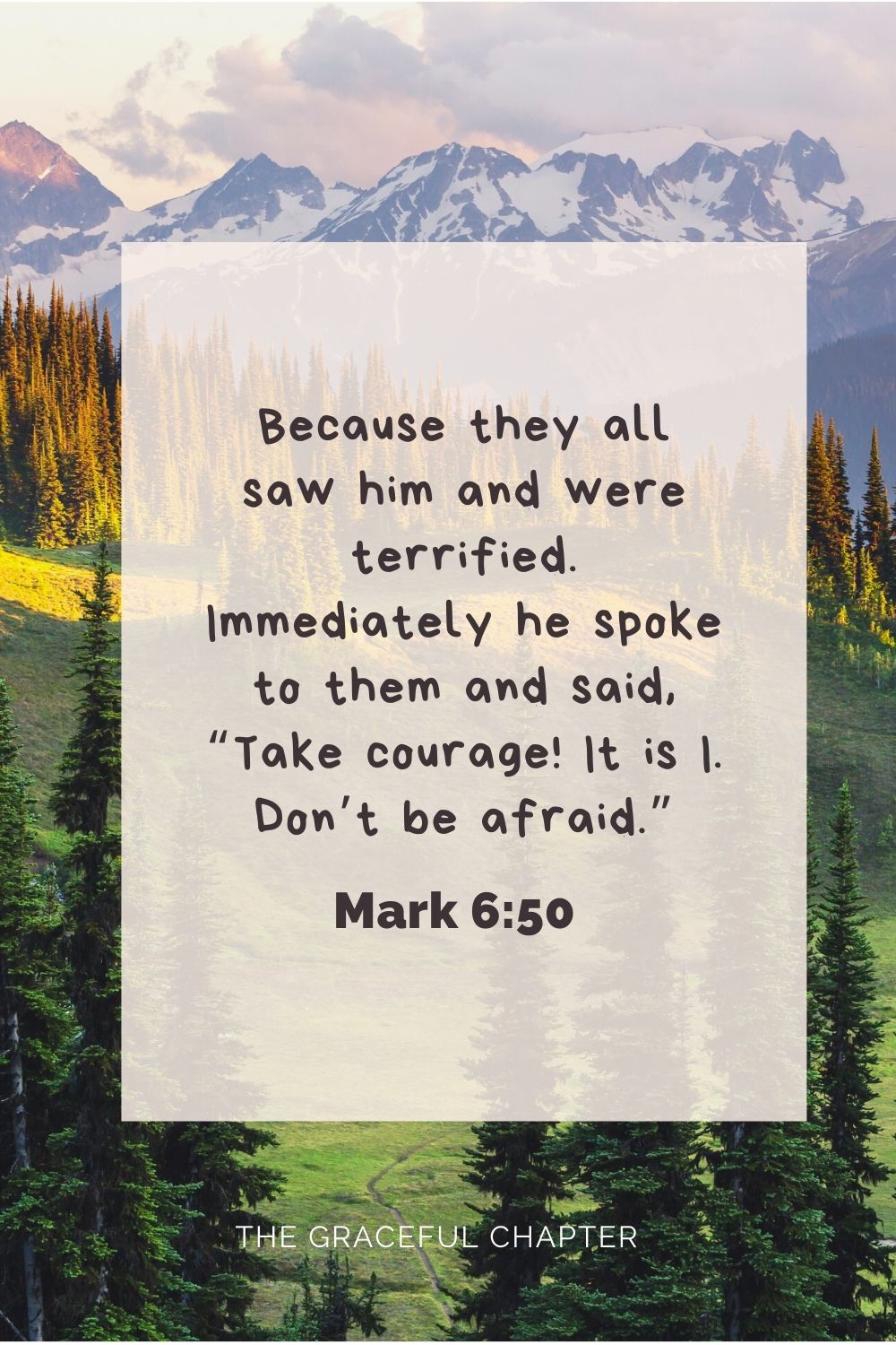 Because they all saw him and were terrified. Immediately he spoke to them and said, “Take courage! It is I. Don’t be afraid.” Mark 6:50
