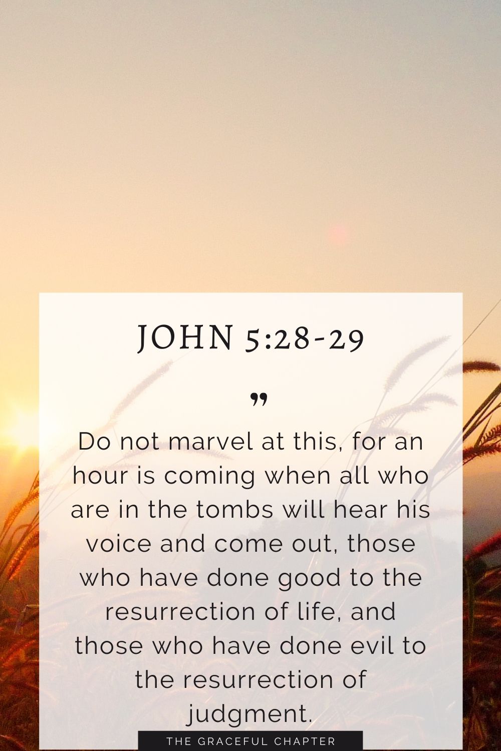 Do not marvel at this, for an hour is coming when all who are in the tombs will hear his voice and come out, those who have done good to the resurrection of life, and those who have done evil to the resurrection of judgment. John 5:28-29