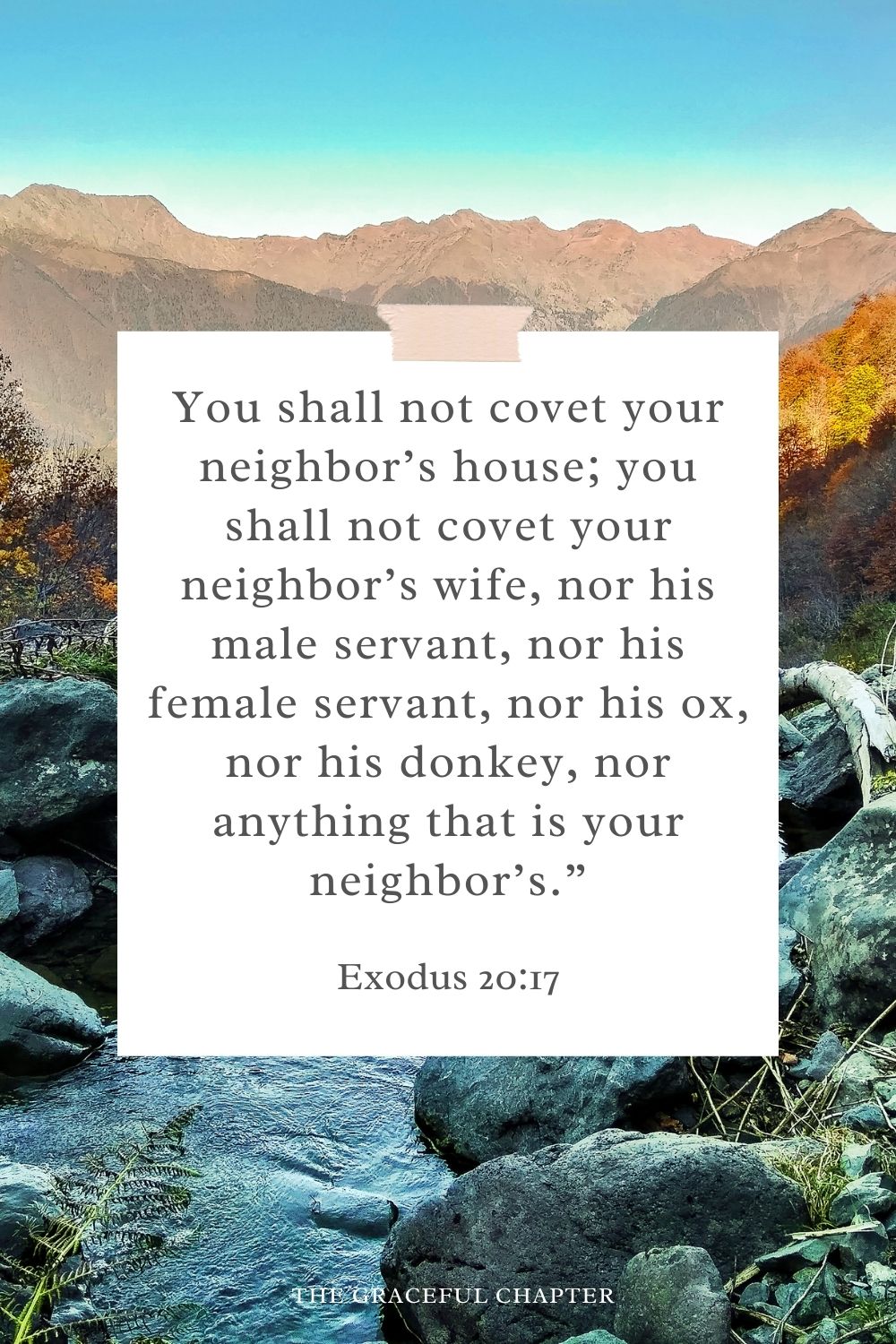 You shall not covet your neighbor’s house; you shall not covet your neighbor’s wife, nor his male servant, nor his female servant, nor his ox, nor his donkey, nor anything that is your neighbor’s.” Exodus 20:17