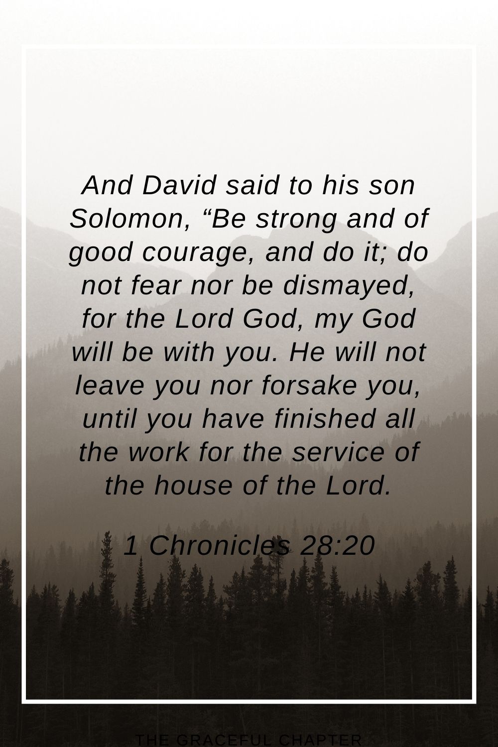 And David said to his son Solomon, “Be strong and of good courage, and do it; do not fear nor be dismayed, for the Lord God, my God will be with you. He will not leave you nor forsake you, until you have finished all the work for the service of the house of the Lord. 1 Chronicles 28:20