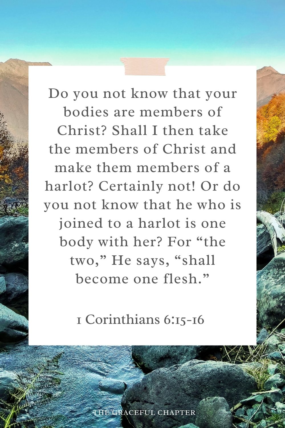 Do you not know that your bodies are members of Christ? Shall I then take the members of Christ and make them members of a harlot? Certainly not! Or do you not know that he who is joined to a harlot is one body with her? For “the two,” He says, “shall become one flesh.” 1 Corinthians 6:15-16