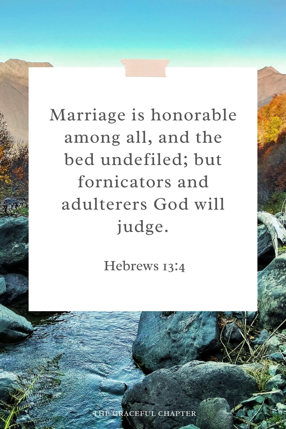 Marriage is honorable among all, and the bed undefiled; but fornicators and adulterers God will judge. Hebrews 13:4