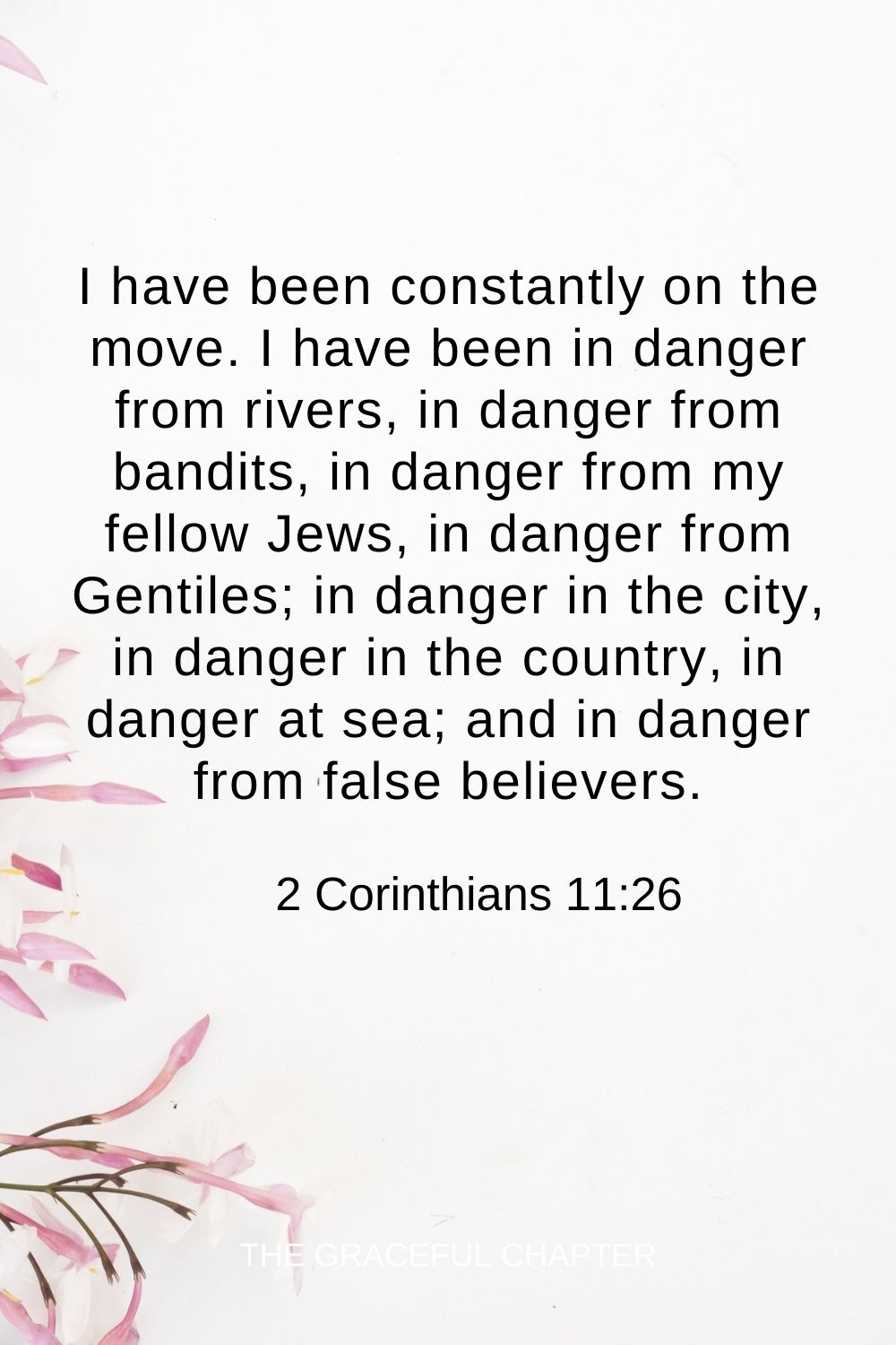 I have been constantly on the move. I have been in danger from rivers, in danger from bandits, in danger from my fellow Jews, in danger from Gentiles; in danger in the city, in danger in the country, in danger at sea; and in danger from false believers. 2 Corinthians 11:26
