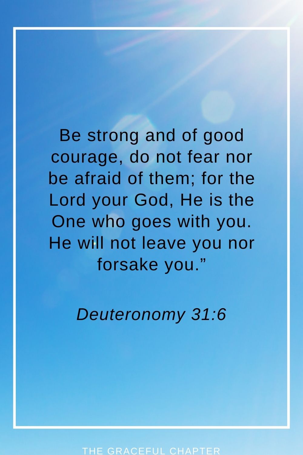 Be strong and of good courage, do not fear nor be afraid of them; for the Lord your God, He is the One who goes with you. He will not leave you nor forsake you.” Deuteronomy 31:6