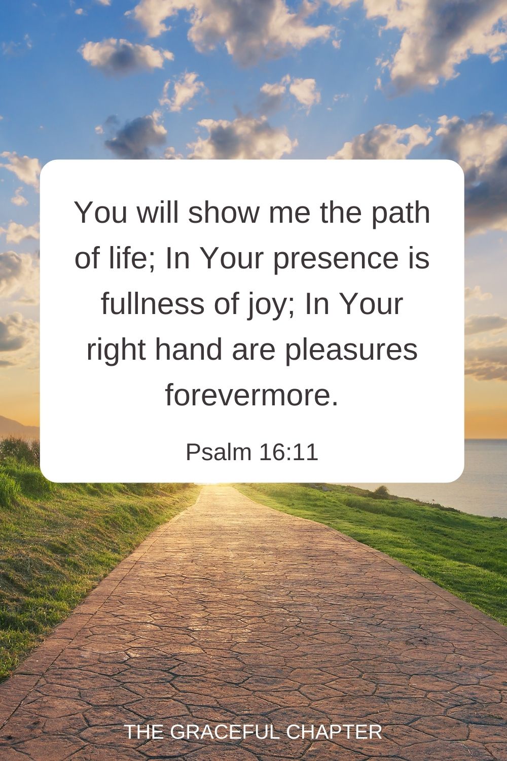 You will show me the path of life; In Your presence is fullness of joy; In Your right hand are pleasures forevermore. Psalm 16:11