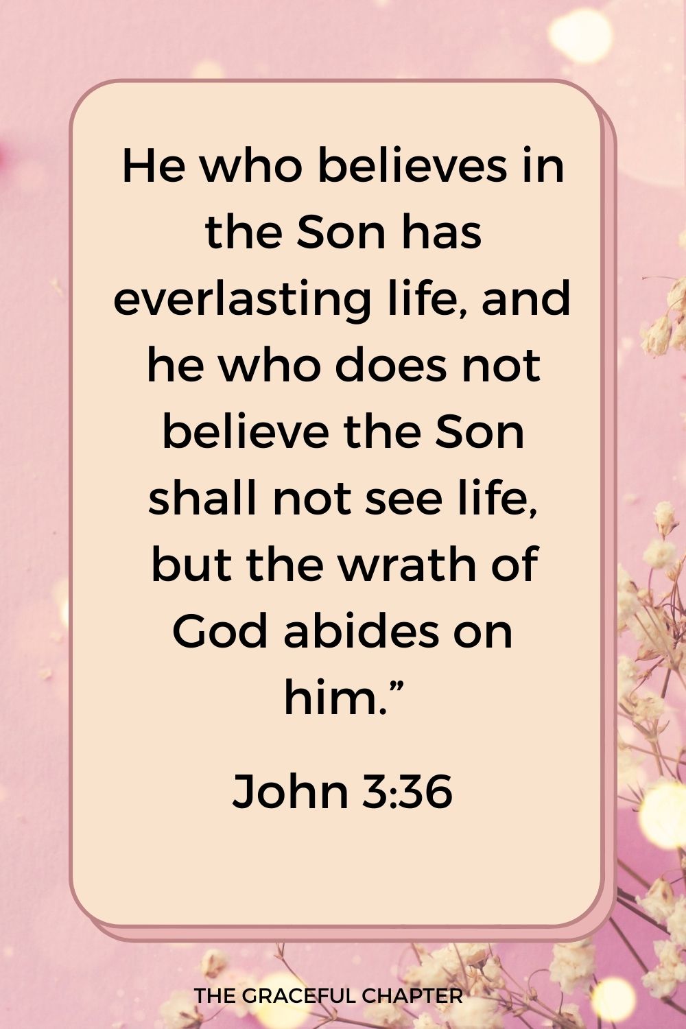He who believes in the Son has everlasting life, and he who does not believe the Son shall not see life, but the wrath of God abides on him.” John 3:36