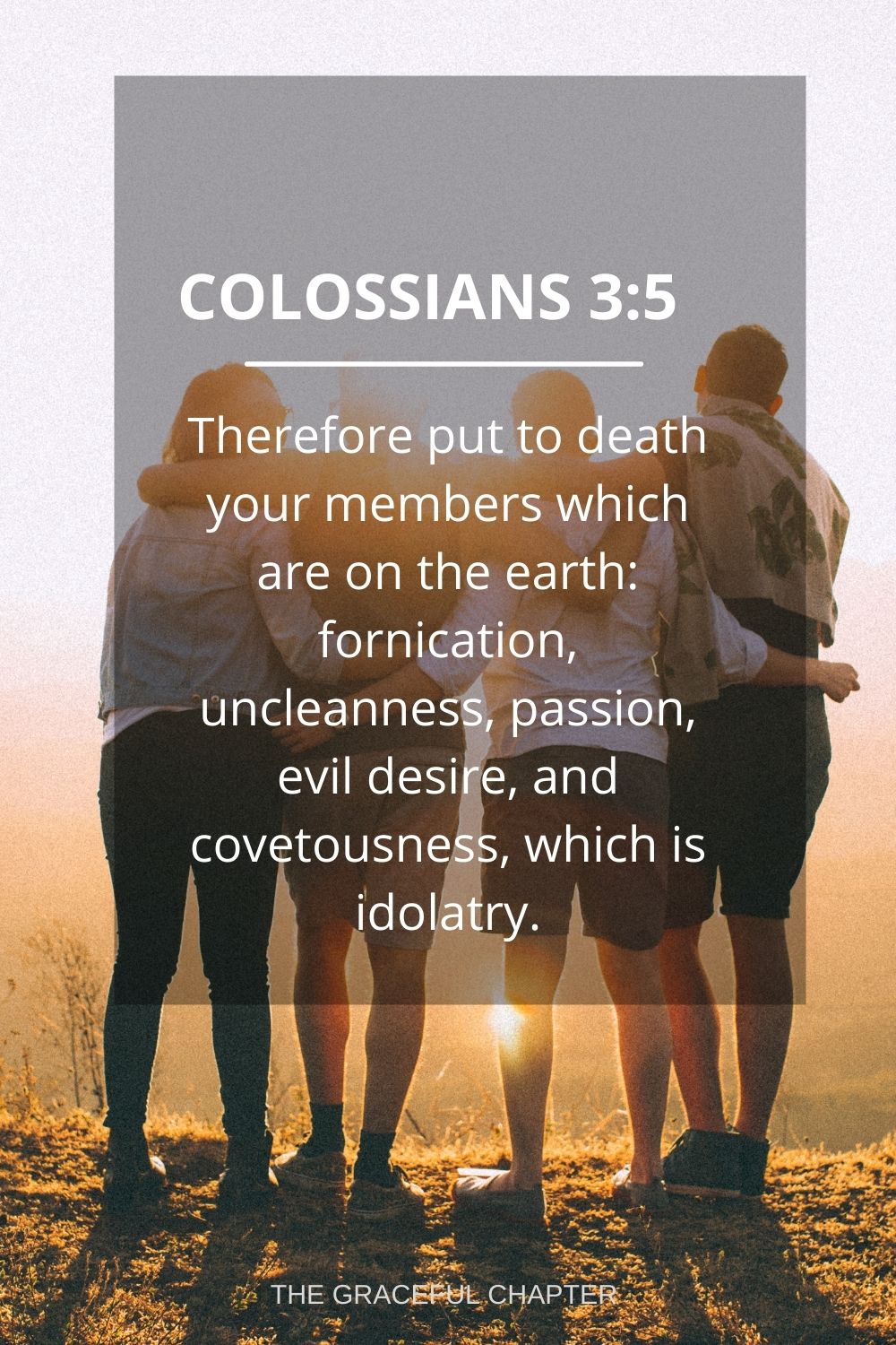 Therefore put to death your members which are on the earth: fornication, uncleanness, passion, evil desire, and covetousness, which is idolatry. Colossians 3:5