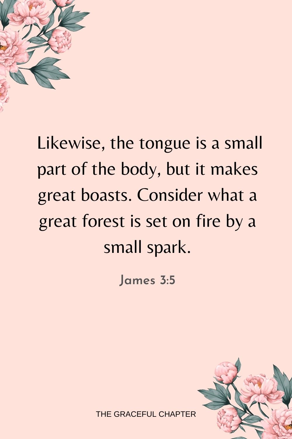  Likewise, the tongue is a small part of the body, but it makes great boasts. Consider what a great forest is set on fire by a small spark. James 3:5