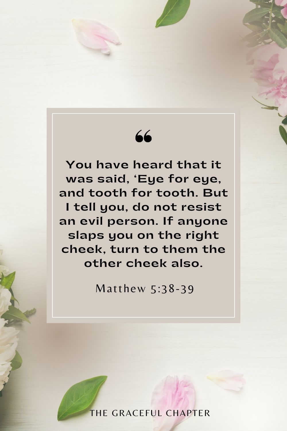 You have heard that it was said, ‘Eye for eye, and tooth for tooth. But I tell you, do not resist an evil person. If anyone slaps you on the right cheek, turn to them the other cheek also. Matthew 5:38-39