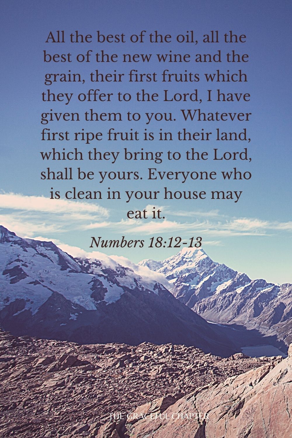 All the best of the oil, all the best of the new wine and the grain, their first fruits which they offer to the Lord, I have given them to you. Whatever first ripe fruit is in their land, which they bring to the Lord, shall be yours. Everyone who is clean in your house may eat it. Numbers 18:12-13