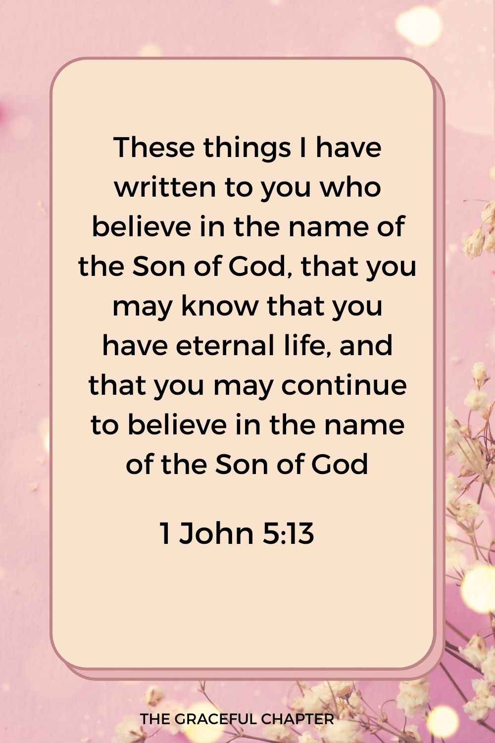 These things I have written to you who believe in the name of the Son of God, that you may know that you have eternal life, and that you may continue to believe in the name of the Son of God. 1 John 5:13