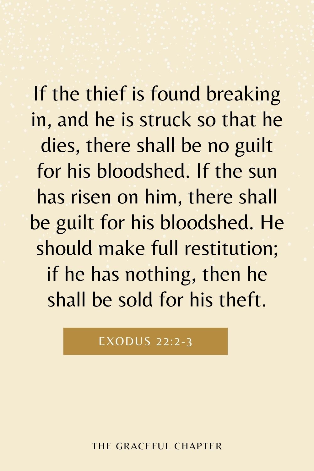 If the thief is found breaking in, and he is struck so that he dies, there shall be no guilt for his bloodshed. If the sun has risen on him, there shall be guilt for his bloodshed. He should make full restitution; if he has nothing, then he shall be sold for his theft. Exodus 22:2-3