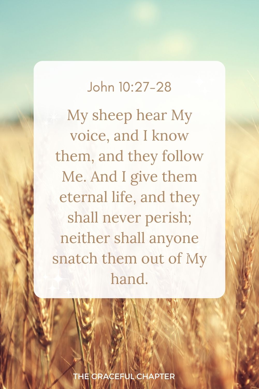 My sheep hear My voice, and I know them, and they follow Me. And I give them eternal life, and they shall never perish; neither shall anyone snatch them out of My hand. John 10:27-28