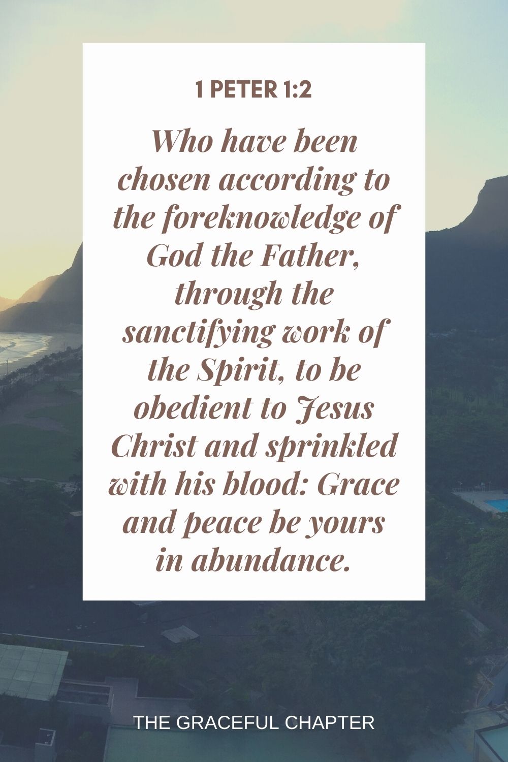 Who have been chosen according to the foreknowledge of God the Father, through the sanctifying work of the Spirit, to be obedient to Jesus Christ and sprinkled with his blood: Grace and peace be yours in abundance. 1 Peter 1:2
