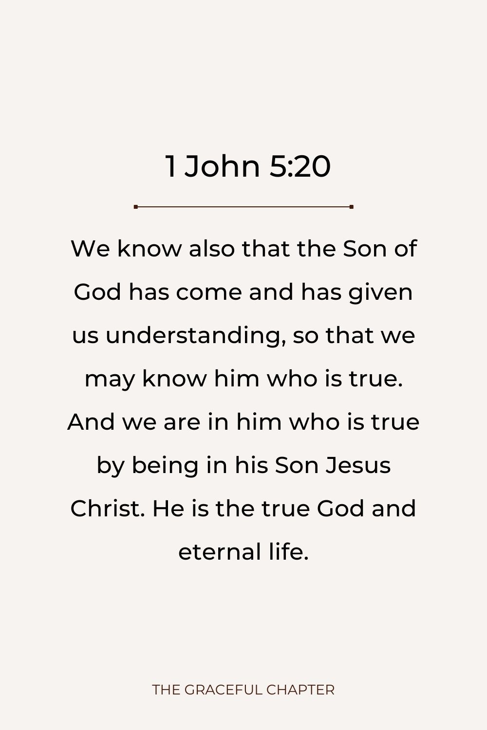 We know also that the Son of God has come and has given us understanding, so that we may know him who is true. And we are in him who is true by being in his Son Jesus Christ. He is the true God and eternal life. 1 John 5:20