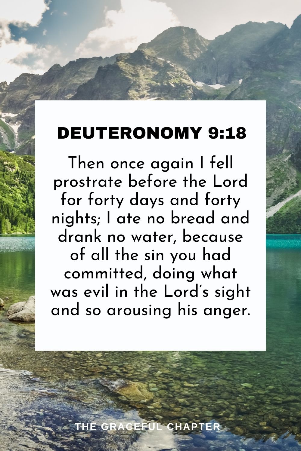 Then once again I fell prostrate before the Lord for forty days and forty nights; I ate no bread and drank no water, because of all the sin you had committed, doing what was evil in the Lord’s sight and so arousing his anger. Deuteronomy 9:18