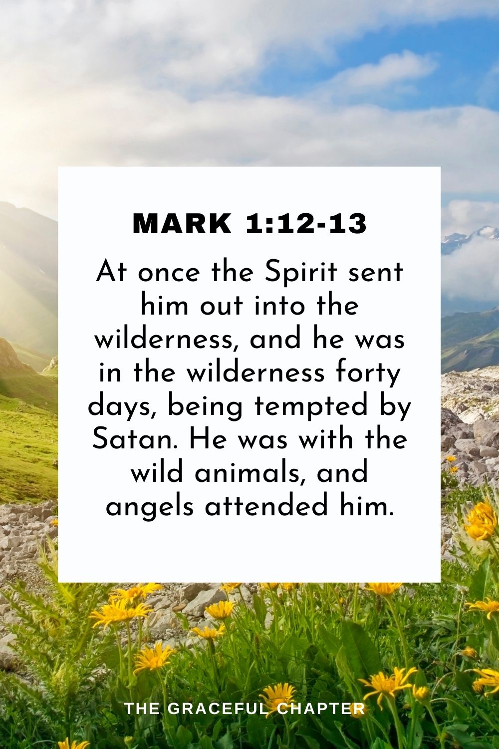 At once the Spirit sent him out into the wilderness, and he was in the wilderness forty days, being tempted by Satan. He was with the wild animals, and angels attended him. Mark 1:12-13