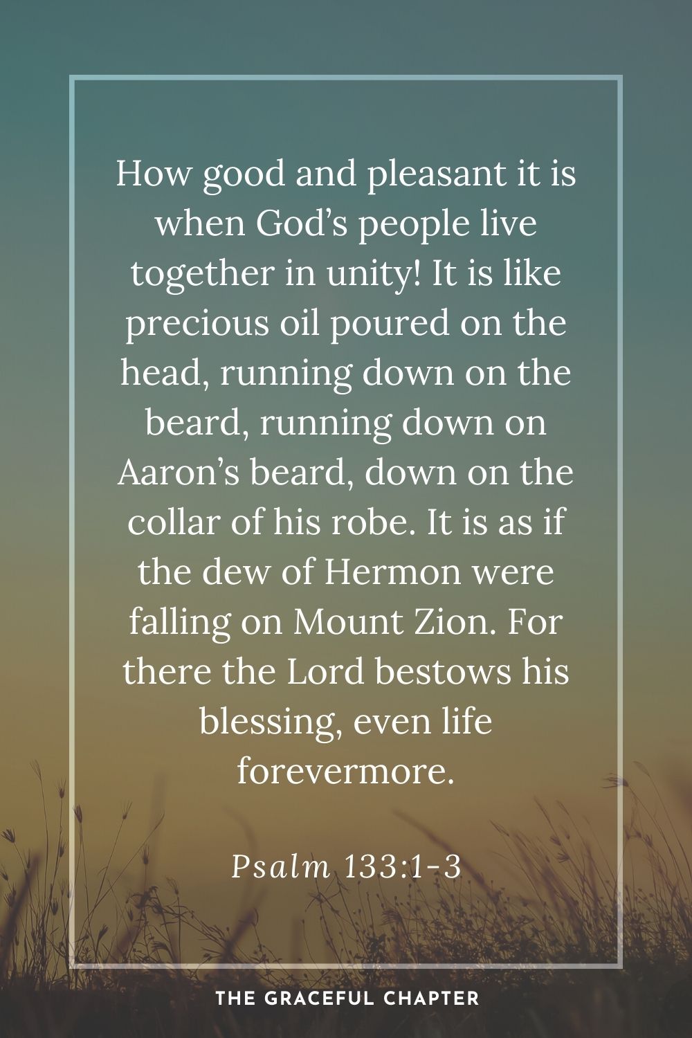 How good and pleasant it is when God’s people live together in unity! It is like precious oil poured on the head, running down on the beard, running down on Aaron’s beard, down on the collar of his robe. It is as if the dew of Hermon were falling on Mount Zion. For there the Lord bestows his blessing, even life forevermore. Psalm 133:1-3