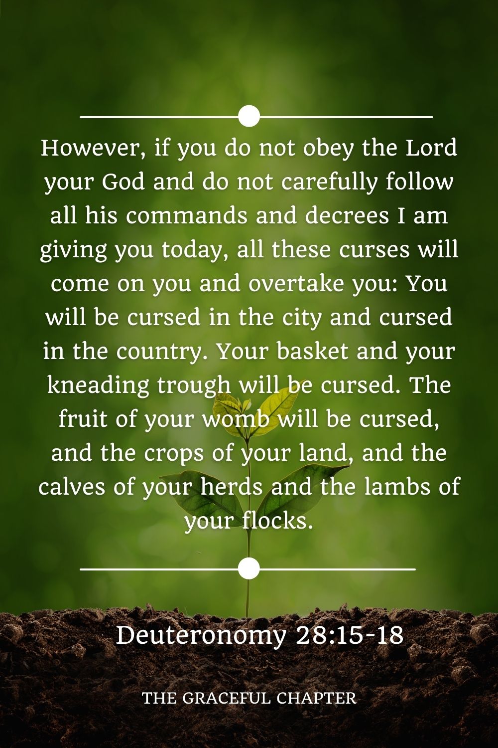 However, if you do not obey the Lord your God and do not carefully follow all his commands and decrees I am giving you today, all these curses will come on you and overtake you: You will be cursed in the city and cursed in the country. Your basket and your kneading trough will be cursed. The fruit of your womb will be cursed, and the crops of your land, and the calves of your herds and the lambs of your flocks. Deuteronomy 28:15-18