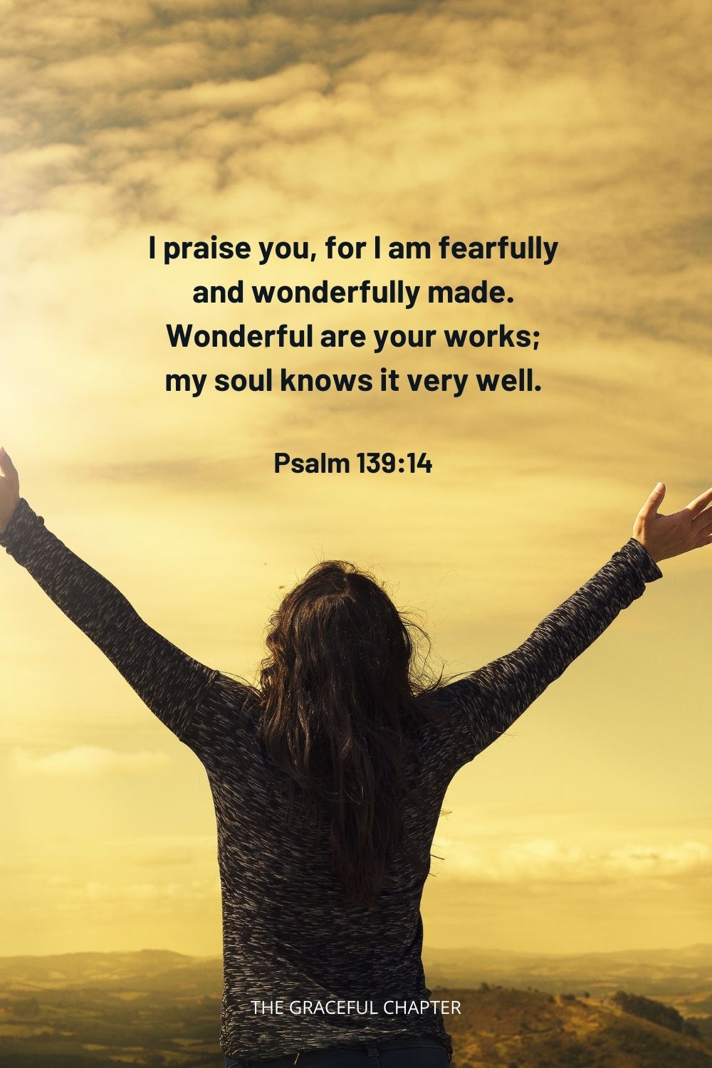 I praise you, for I am fearfully and wonderfully made. Wonderful are your works; my soul knows it very well. Psalm 139:14
