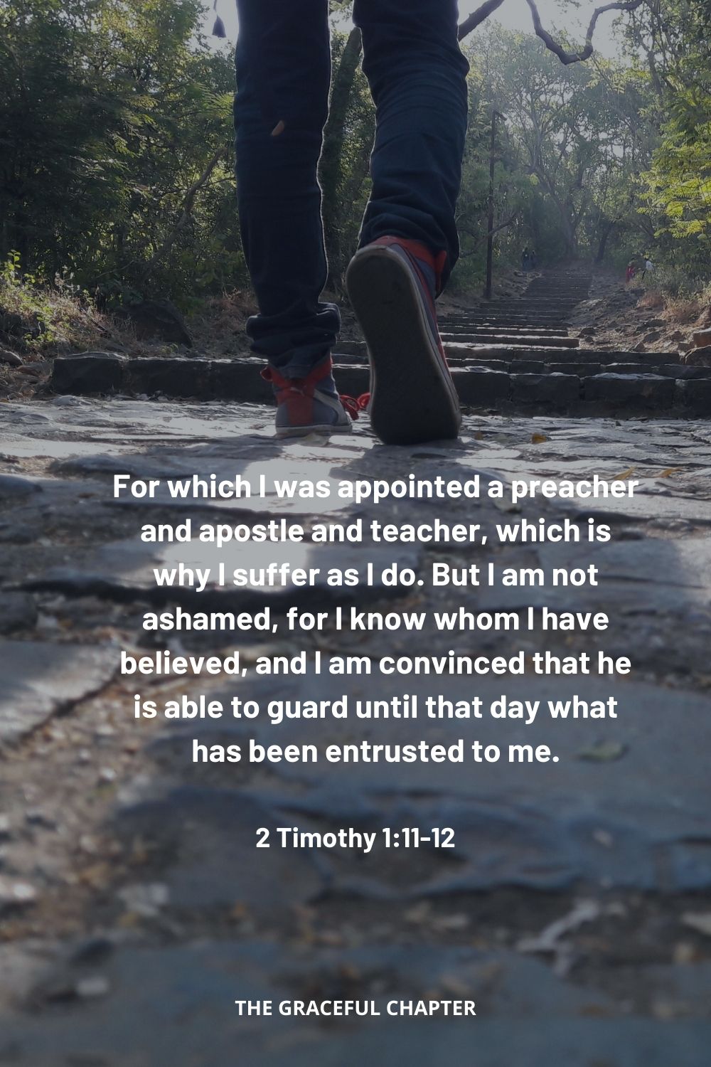 For which I was appointed a preacher and apostle and teacher, which is why I suffer as I do. But I am not ashamed, for I know whom I have believed, and I am convinced that he is able to guard until that day what has been entrusted to me. 2 Timothy 1:11-12