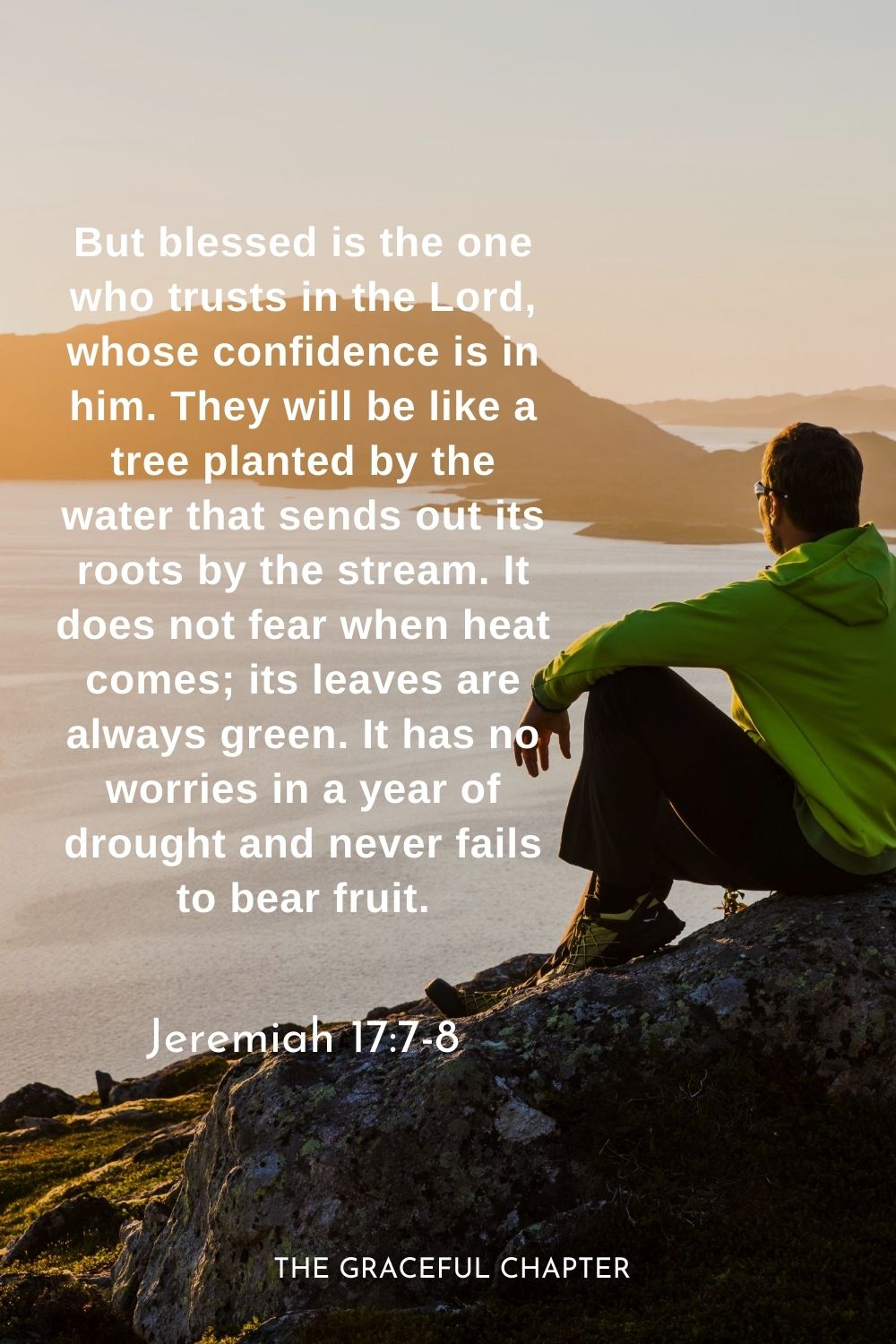 But blessed is the one who trusts in the Lord, whose confidence is in him. They will be like a tree planted by the water that sends out its roots by the stream. It does not fear when heat comes; its leaves are always green. It has no worries in a year of drought and never fails to bear fruit.