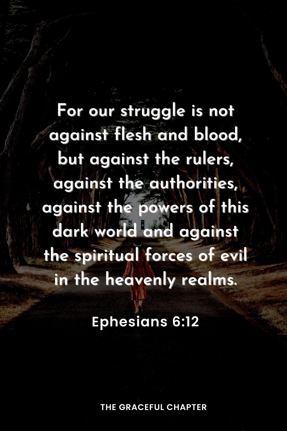 For our struggle is not against flesh and blood, but against the rulers, against the authorities, against the powers of this dark world and against the spiritual forces of evil in the heavenly realms.