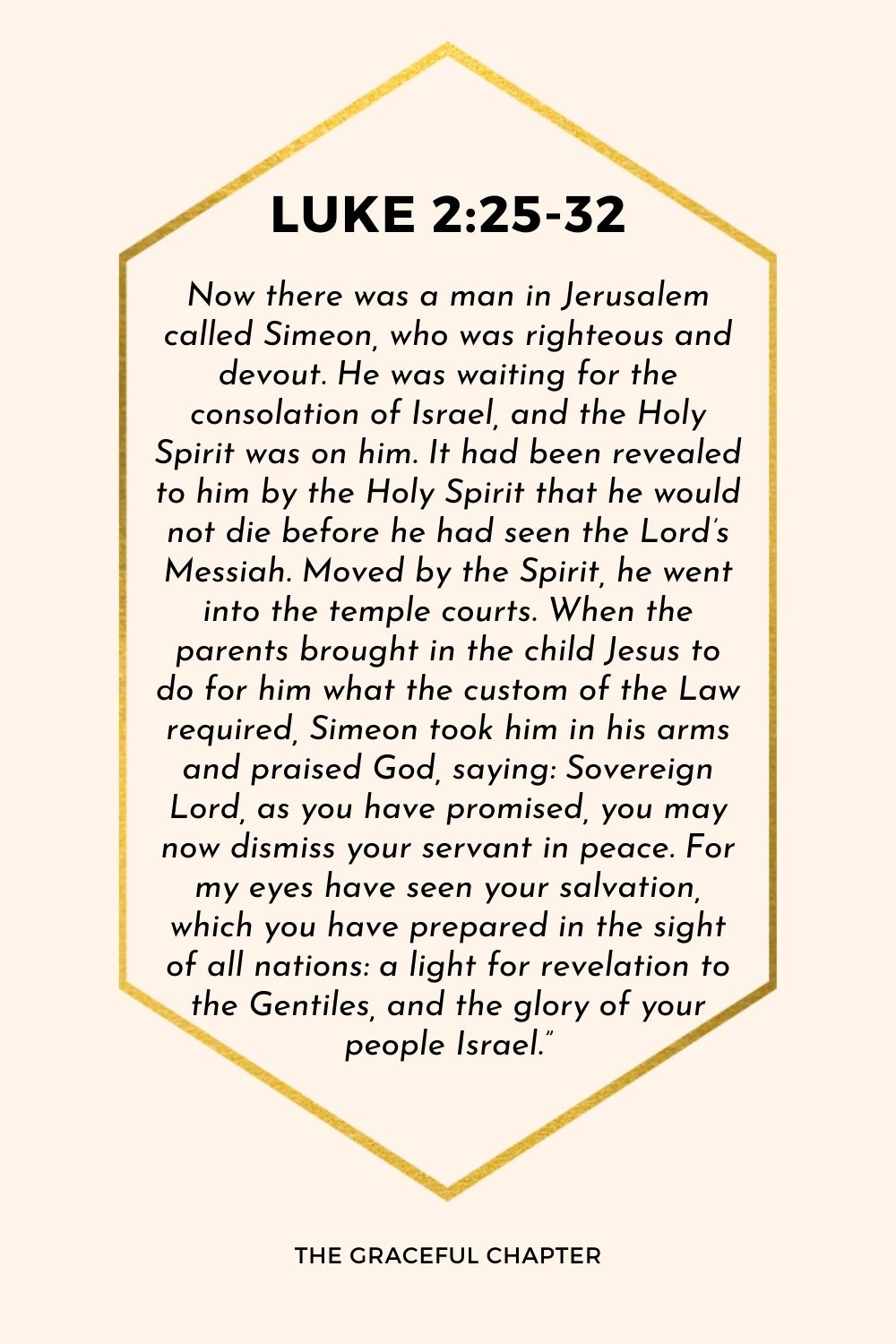 Now there was a man in Jerusalem called Simeon, who was righteous and devout. He was waiting for the consolation of Israel, and the Holy Spirit was on him. It had been revealed to him by the Holy Spirit that he would not die before he had seen the Lord’s Messiah. Moved by the Spirit, he went into the temple courts. When the parents brought in the child Jesus to do for him what the custom of the Law required, Simeon took him in his arms and praised God, saying: Sovereign Lord, as you have promised, you may now dismiss your servant in peace. For my eyes have seen your salvation,  which you have prepared in the sight of all nations: a light for revelation to the Gentiles, and the glory of your people Israel.”