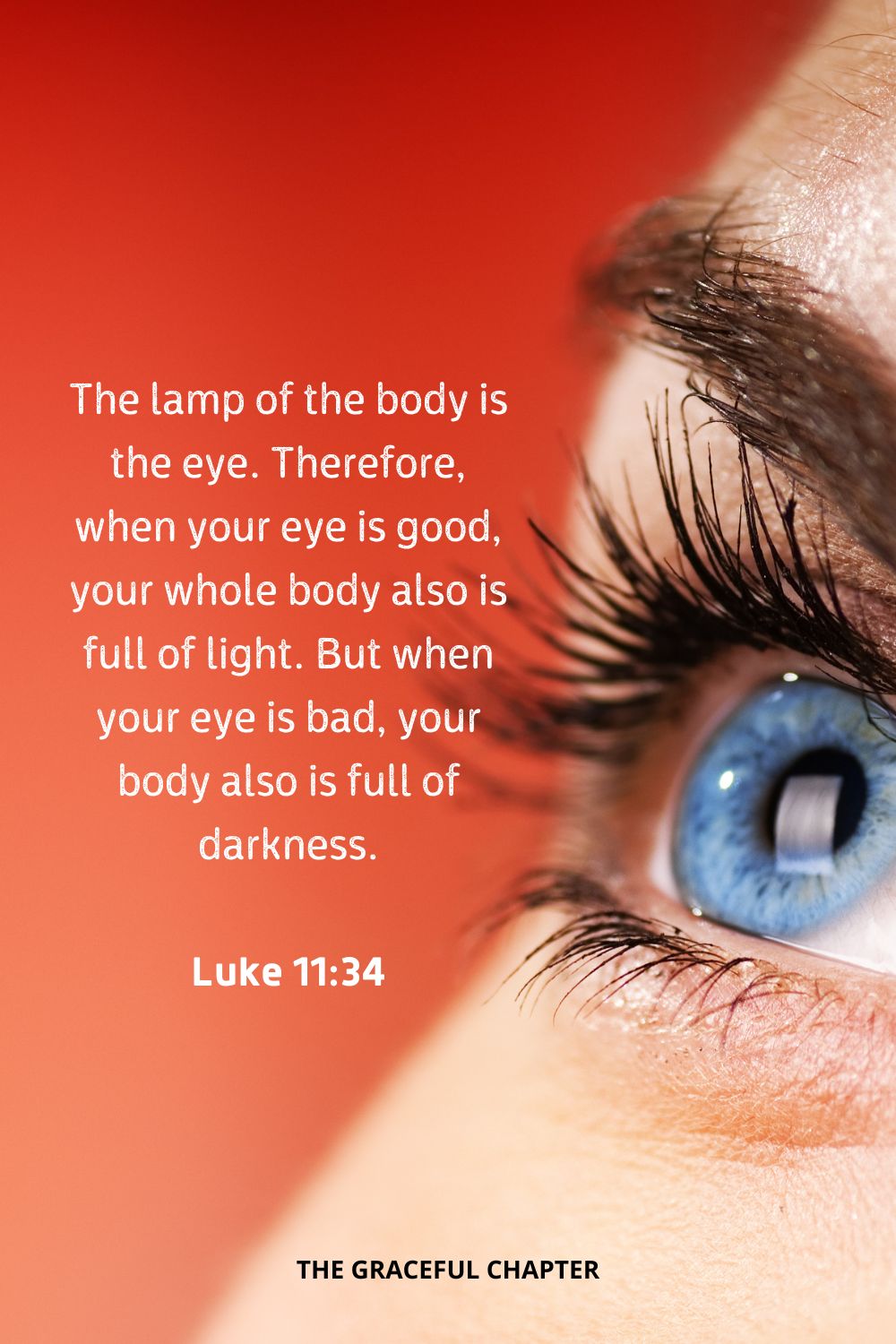 The lamp of the body is the eye. Therefore, when your eye is good, your whole body also is full of light. But when your eye is bad, your body also is full of darkness.