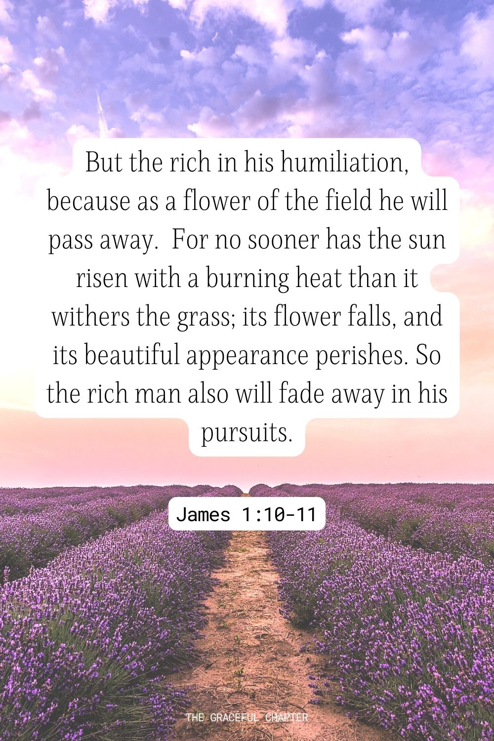 But the rich in his humiliation, because as a flower of the field he will pass away.  For no sooner has the sun risen with a burning heat than it withers the grass; its flower falls, and its beautiful appearance perishes. So the rich man also will fade away in his pursuits. James 1:10-11