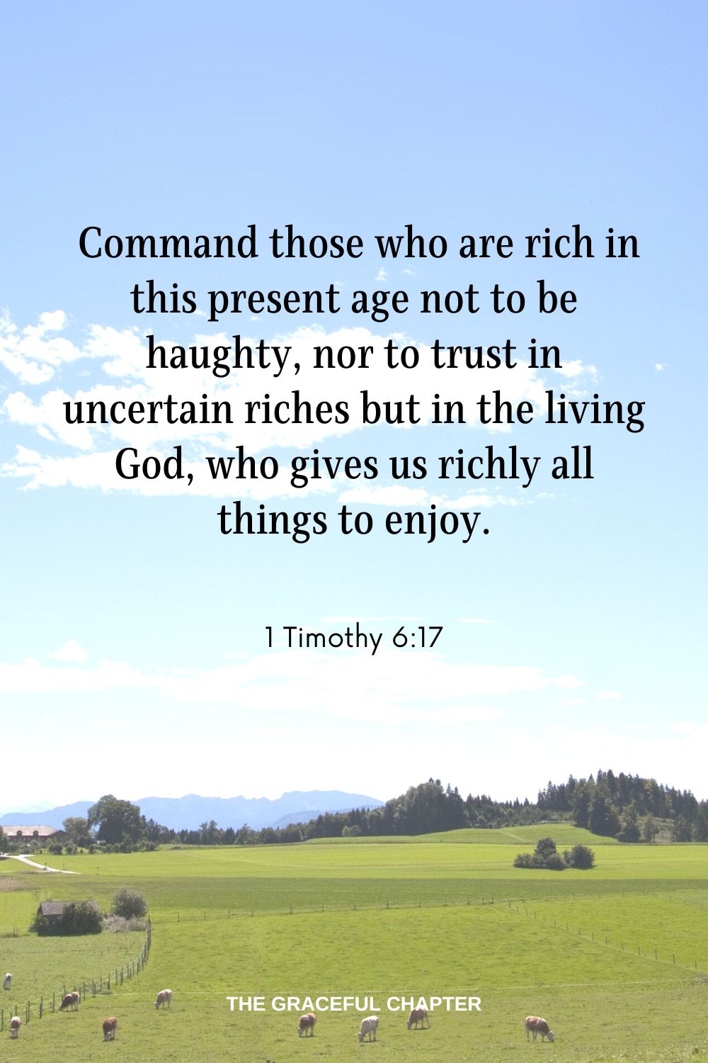  Command those who are rich in this present age not to be haughty, nor to trust in uncertain riches but in the living God, who gives us richly all things to enjoy. 1 Timothy 6:17