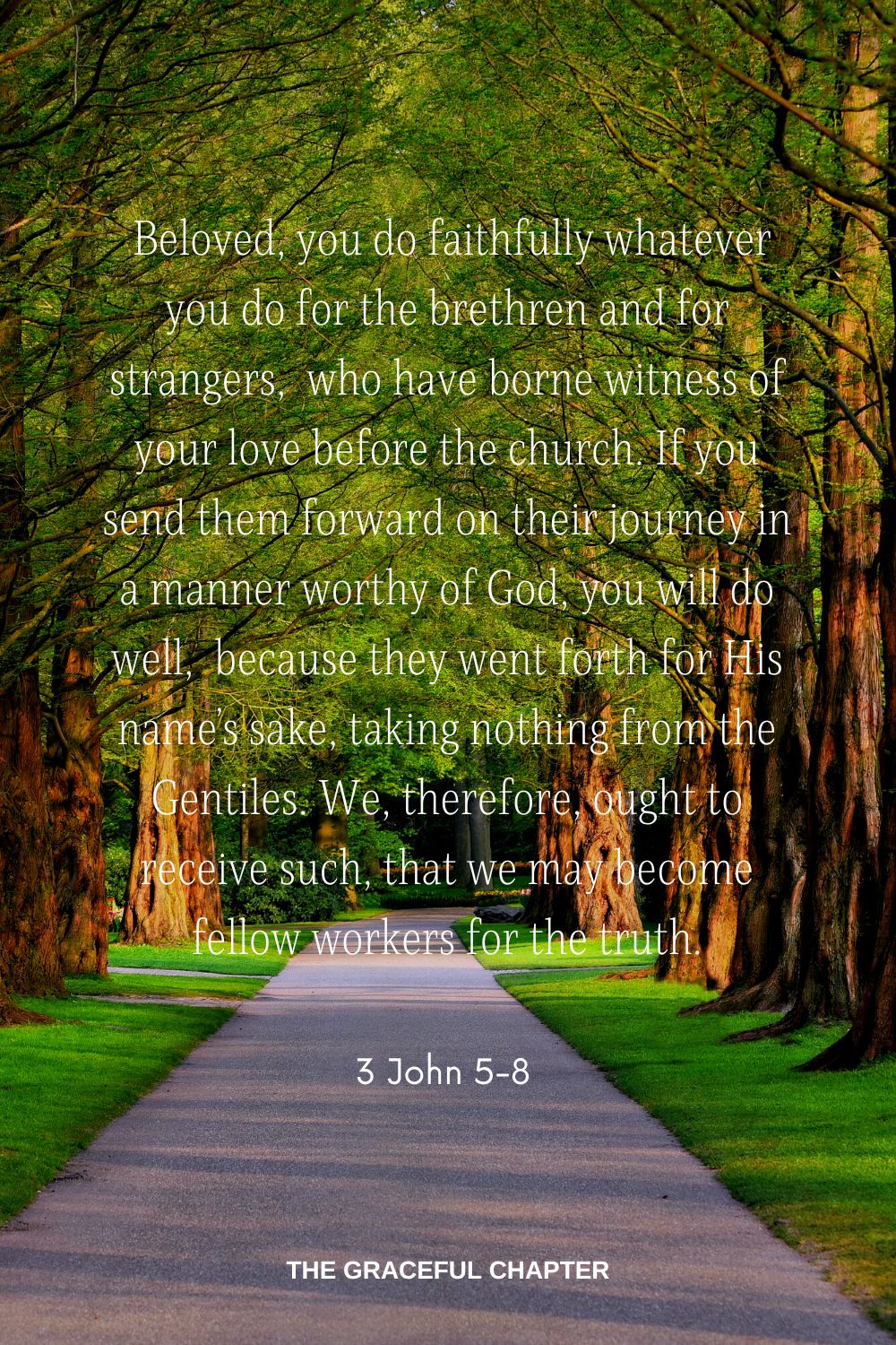  Beloved, you do faithfully whatever you do for the brethren and for strangers,  who have borne witness of your love before the church. If you send them forward on their journey in a manner worthy of God, you will do well,  because they went forth for His name’s sake, taking nothing from the Gentiles. We, therefore, ought to receive such, that we may become fellow workers for the truth. 3 John 5-8 