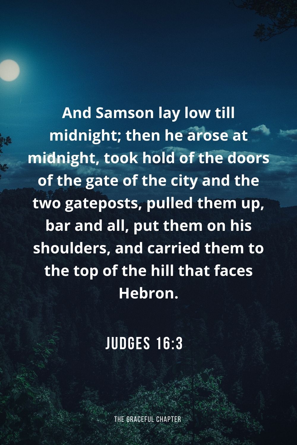 And Samson lay low till midnight; then he arose at midnight, took hold of the doors of the gate of the city and the two gateposts, pulled them up, bar and all, put them on his shoulders, and carried them to the top of the hill that faces Hebron. Judges 16:3