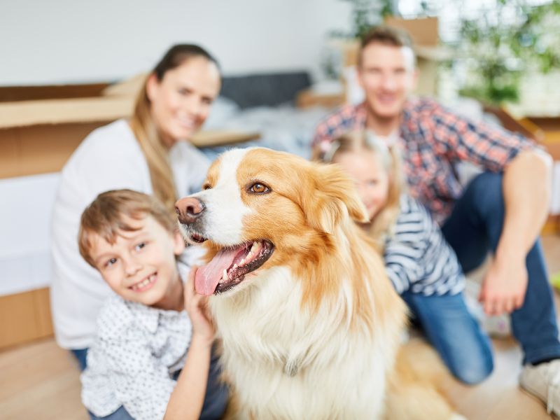 family at home with their dog
